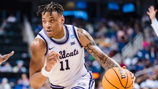 Keyontae Johnson of the Kansas State Wildcats brings the ball upcourt against the Montana State Bobcats in the first round of the NCAA Men's Basketball Tournament. 