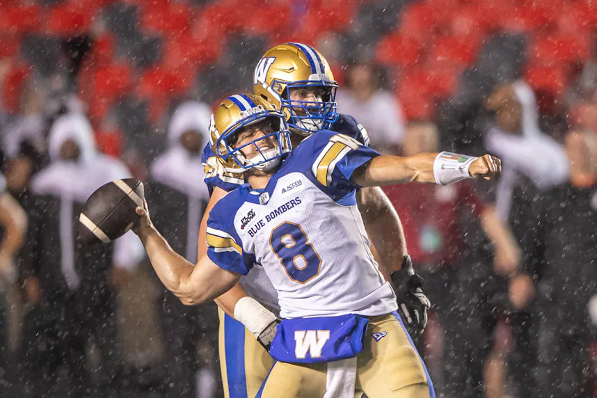 Winnipeg Blue Bombers quarterback Zach Collaros makes a throw against the Ottawa Redblacks. We're backing Winnipeg in our Argonauts vs. Blue Bombers prediction.