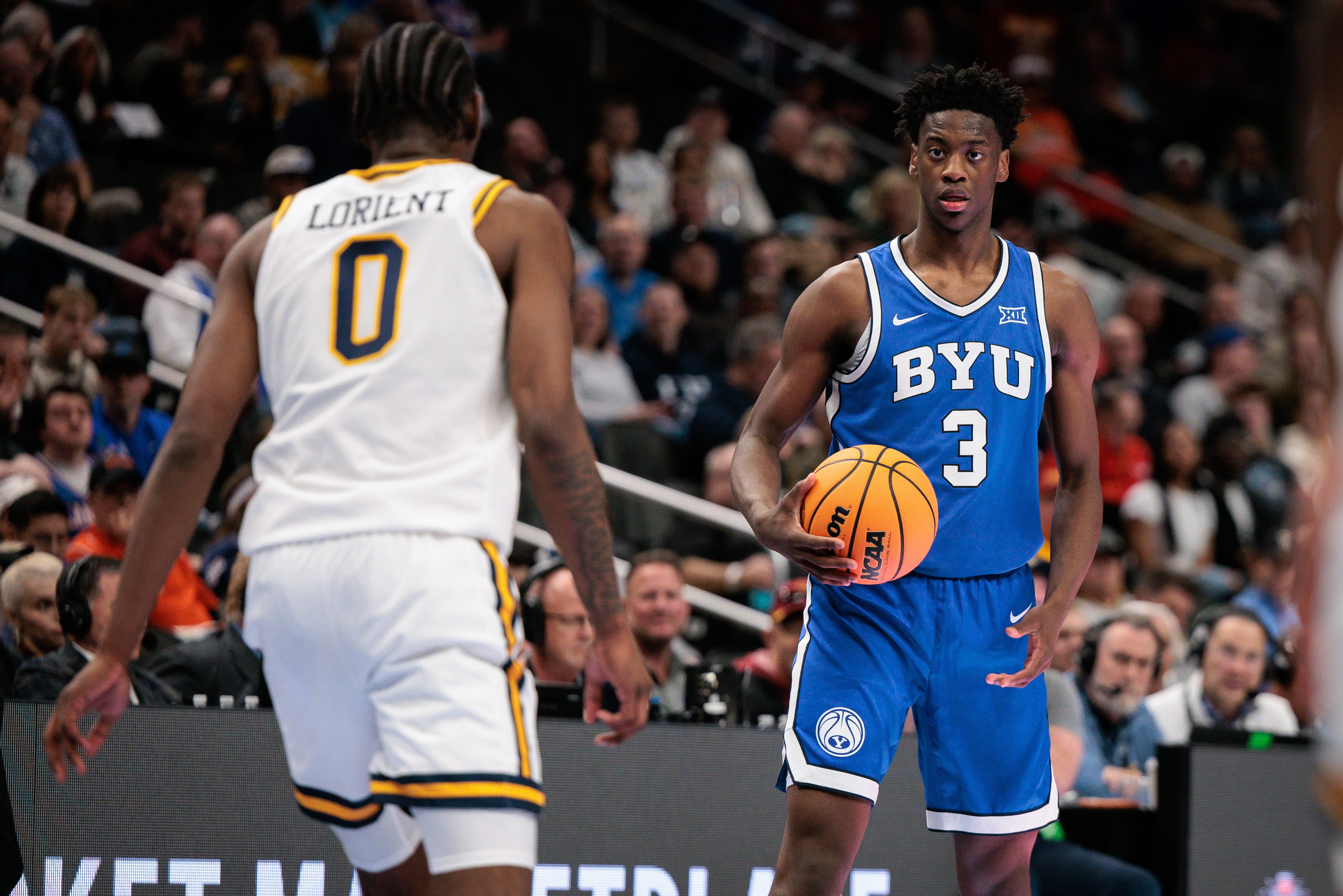 BYU Cougars forward AJ Dybantsa (3), featured in our Texas vs. BYU prediction, sets the play during the Big 12 Tournament.