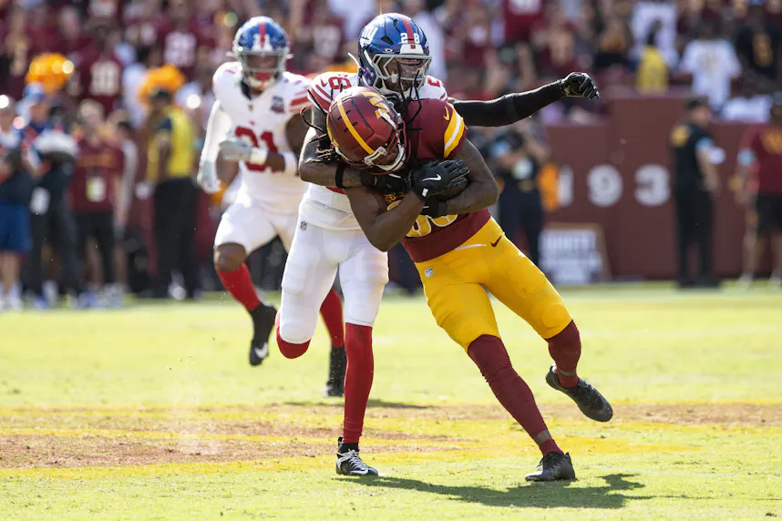 Commanders wide receiver Noah Brown runs with the ball as we look at our anytime touchdown scorer predictions for Week 4.