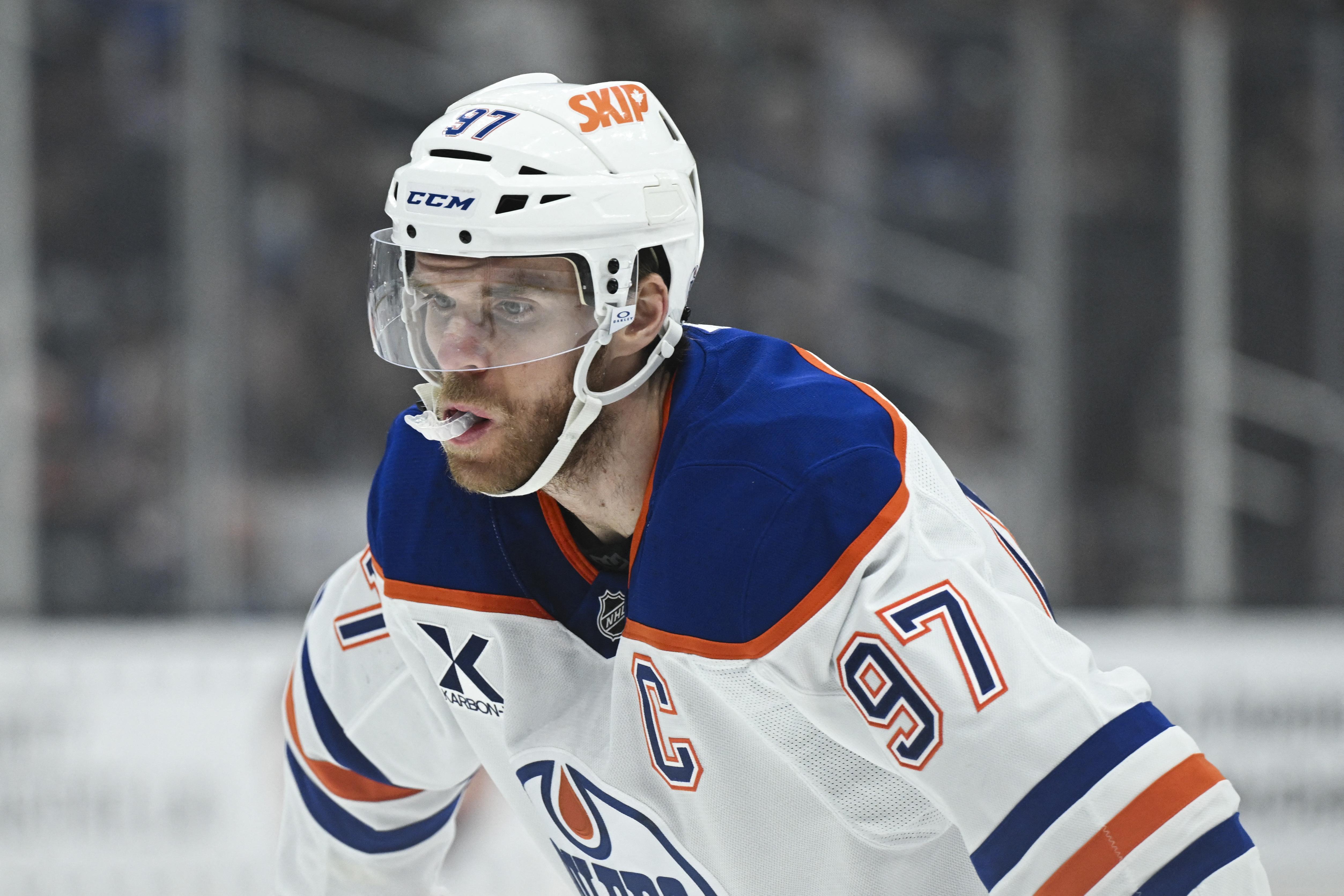  Connor McDavid - who's featured in my Oilers vs. Stars player props - is seen on the ice. 
