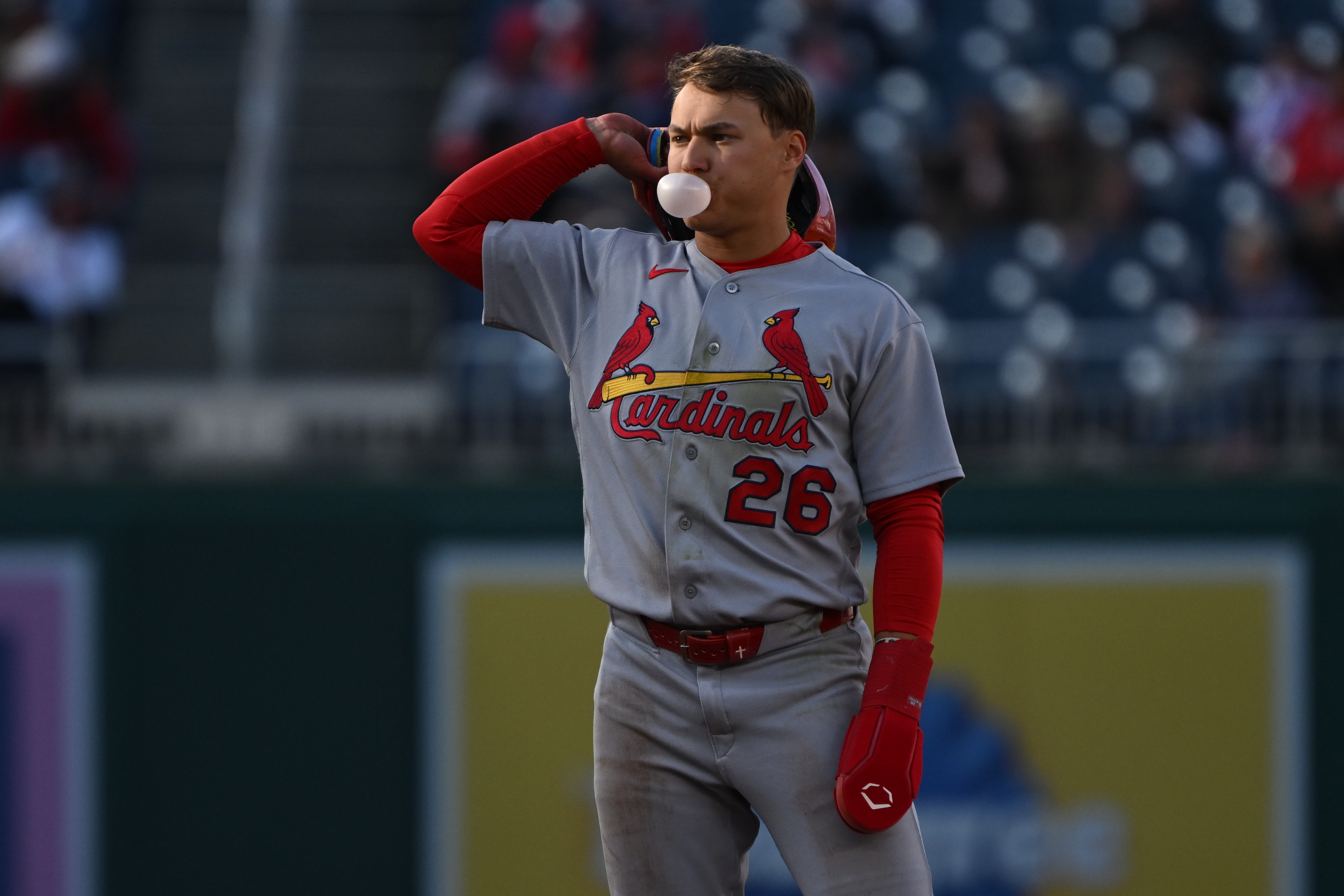 St. Louis Cardinals shortstop JJ Wetherholt blows a bubble as we look at Missouri sports betting tax revenue rising in February 2026.