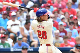 Philadelphia Phillies third base Alec Bohm watches his two-run home run against the Miami Marlins during the first inning at Citizens Bank Park. We're backing Bohm in our Phillies vs. Cubs player props. 