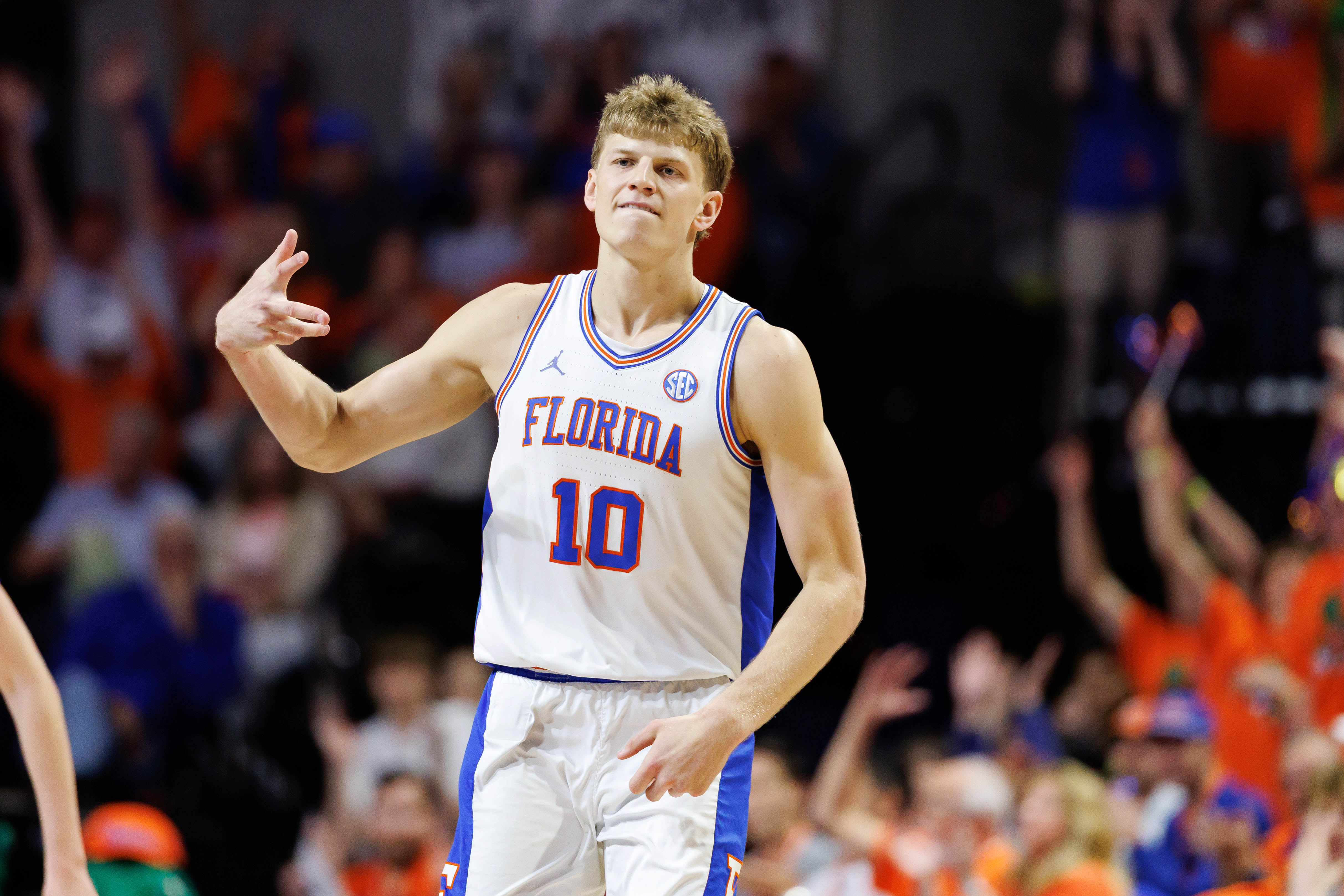 Florida Gators forward Thomas Haugh (10), seen here gesturing after making a 3-pointer, is featured in our Prairie View A&M vs. Florida prediction tonight.