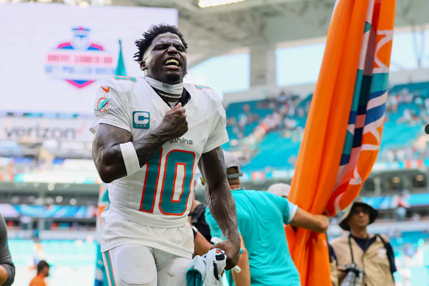Miami Dolphins wide receiver Tyreek Hill reacts as we look at our Bills vs. Dolphins early leans