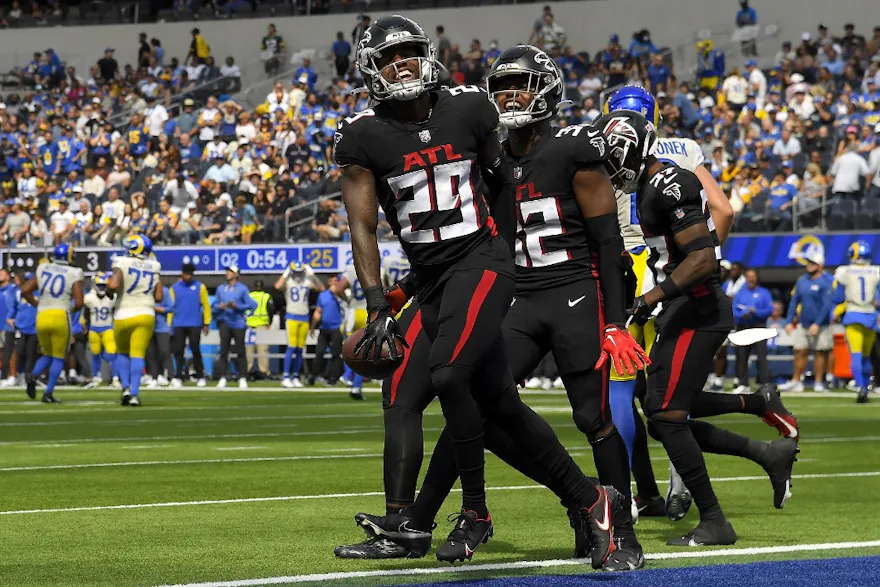 Casey Hayward of the Atlanta Falcons celebrates after an interception during the second quarter against the Los Angeles Rams.