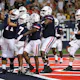 The Arizona Wildcats celebrate a touchdown by #7 quarterback Jayden de Laura during the first half of the NCAA football game against the North Dakota State Bison at Arizona Stadium on September 17, 2022 in Tucson, Arizona.