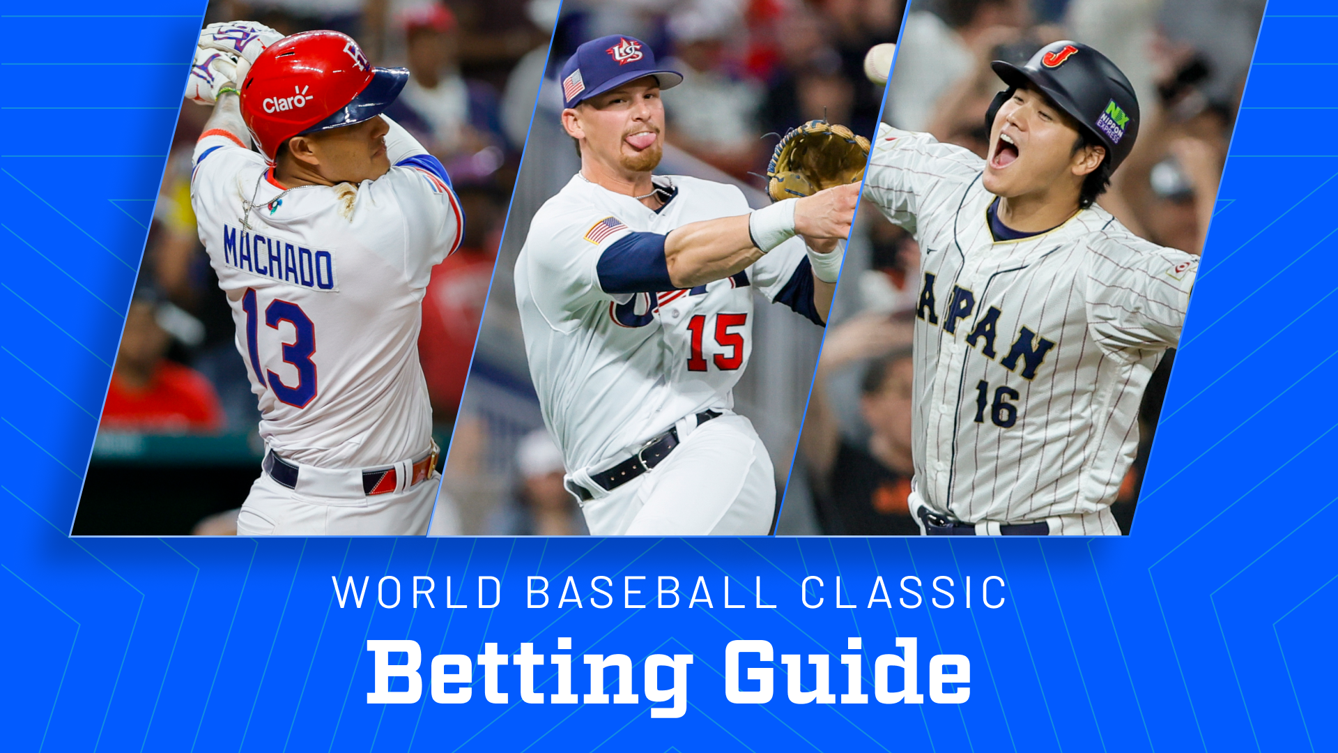 A custom graphic of our World Baseball Classic betting guide. Featured, from left to right: Manny Machado of the Dominican Republic, Gunnar Henderson of the USA, and Shohei Ohtani of Japan.