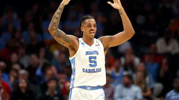 Armando Bacot #5 of the North Carolina Tar Heels reacts to a play during the first half against the Michigan State Spartans in the second round of the NCAA Men's Basketball Tournament at Spectrum Center on March 23, 2024 in Charlotte, North Carolina.