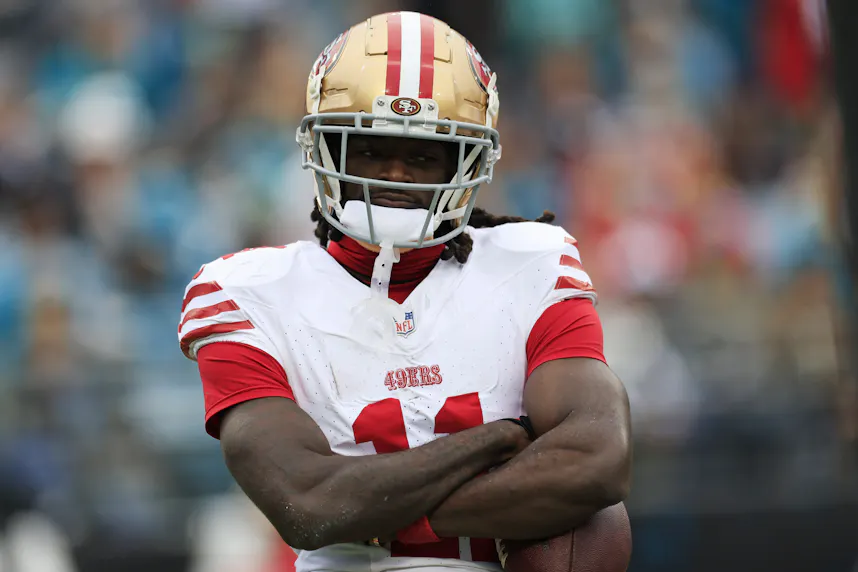 San Francisco 49ers wide receiver Brandon Aiyuk (11) reacts as we examine how to bet the 49ers amid contract disputes with Aiyuk and Trent Williams ahead of the 2024 NFL season.