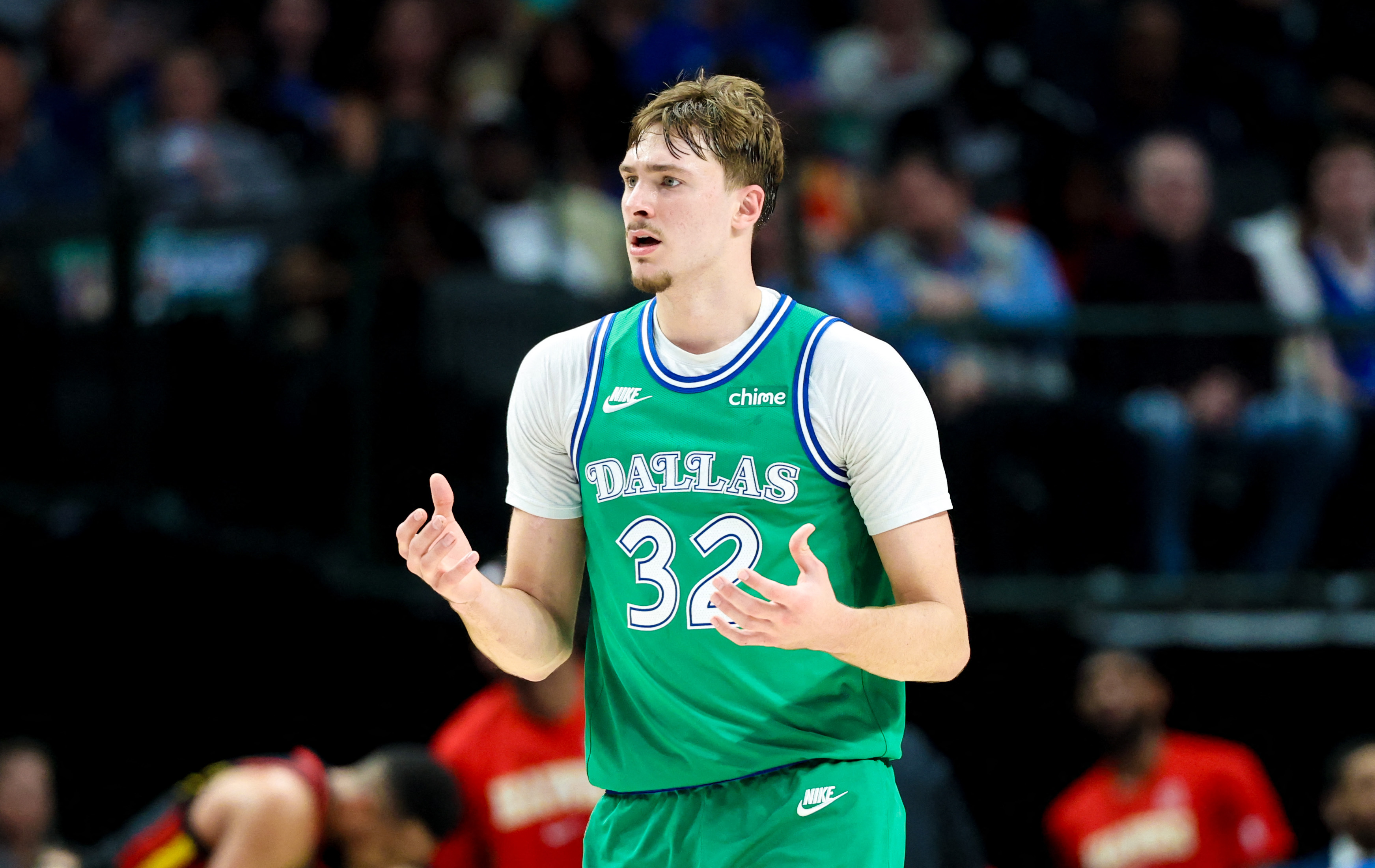 Dallas Mavericks forward Cooper Flagg (32) reacts as we break down our Warriors vs. Mavericks player props tonight.