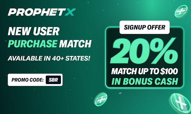 Image showing ProphetX new user bonus details, with 'SBR' promo code.