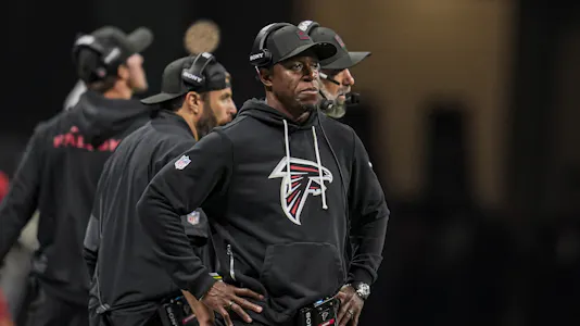 Atlanta Falcons head coach Raheem Morris is shown reacting on the sideline as we look at challenges to Georgia's sports betting laws.