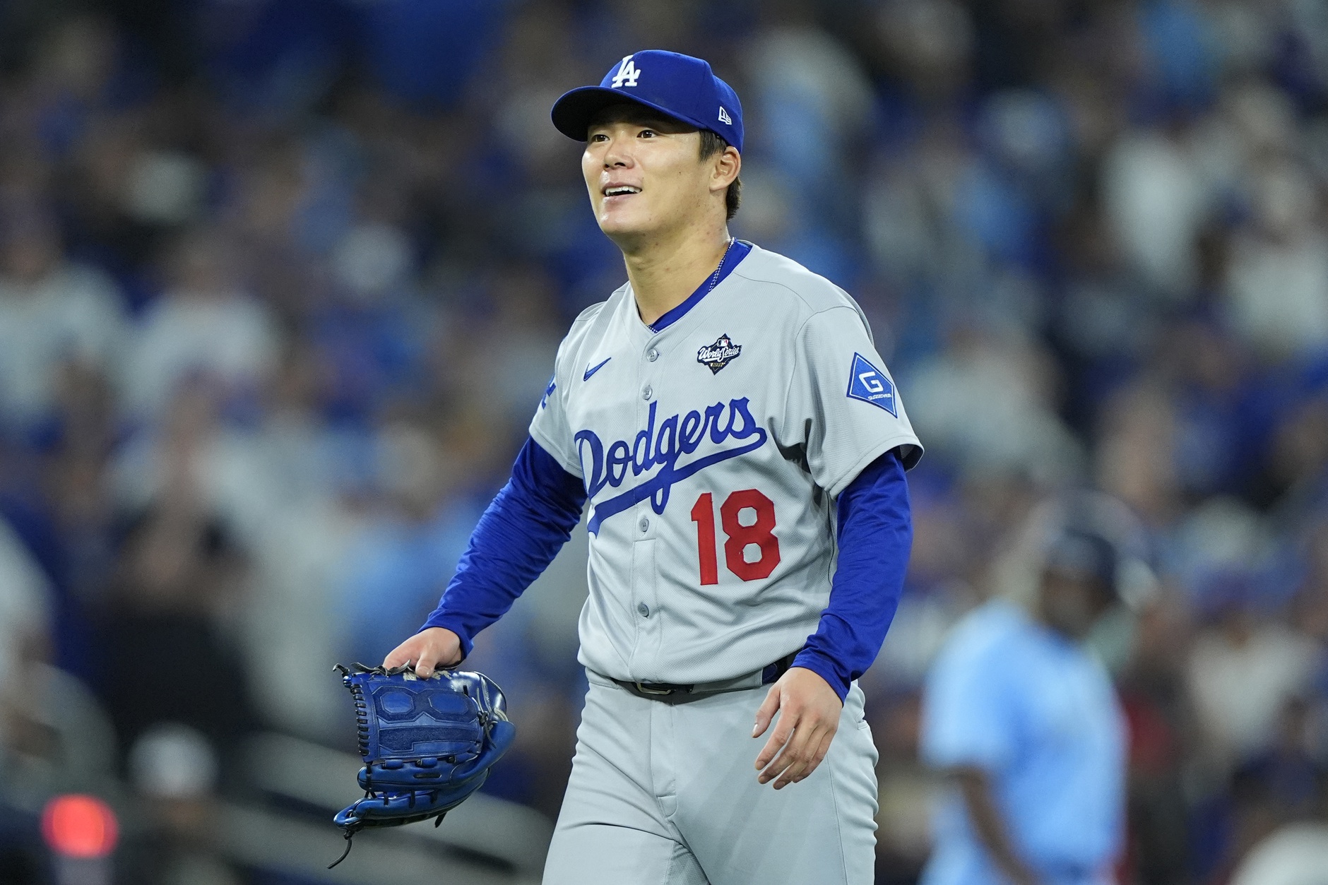 Los Angeles Dodgers pitcher Yoshinobu Yamamoto reacts, and he eventually rose up the World Series MVP odds.
