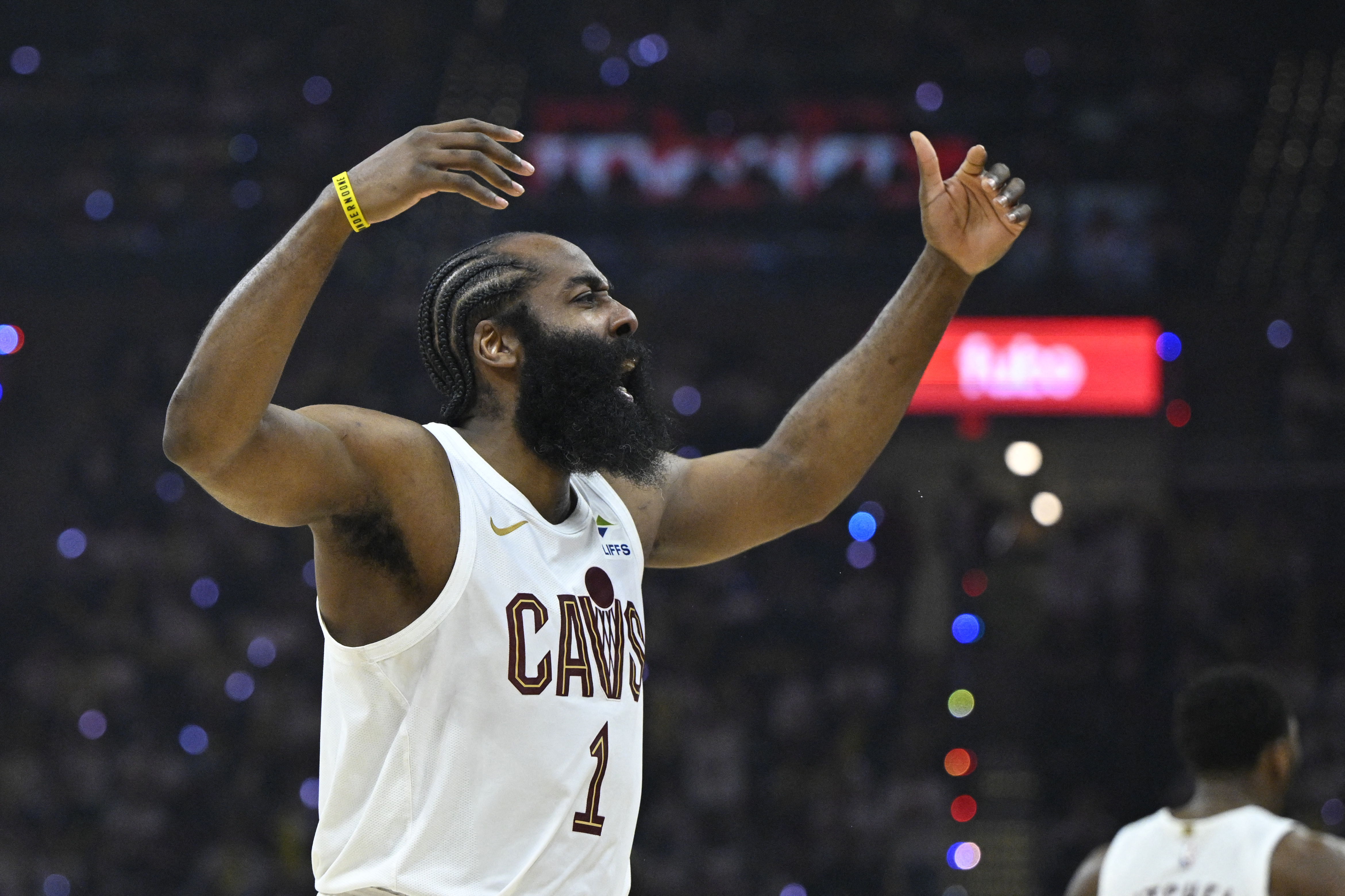 Cleveland Cavaliers guard James Harden (1) celebrates as we break down our NBA Play of the Day.