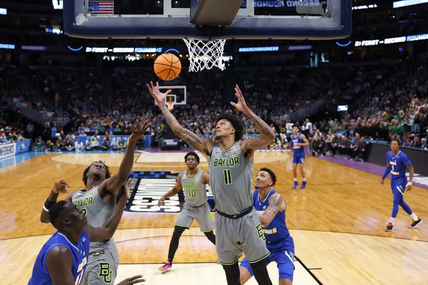Jalen Bridges of the Baylor Bears pulls down a rebound as we look at our Creighton vs. Baylor prediction