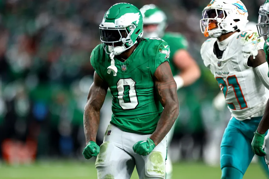 D'Andre Swift of the Philadelphia Eagles reacts to a play during the second half of a game against the Miami Dolphins, and we offer our top Eagles vs. Buccaneers prediction based on the best NFL odds.