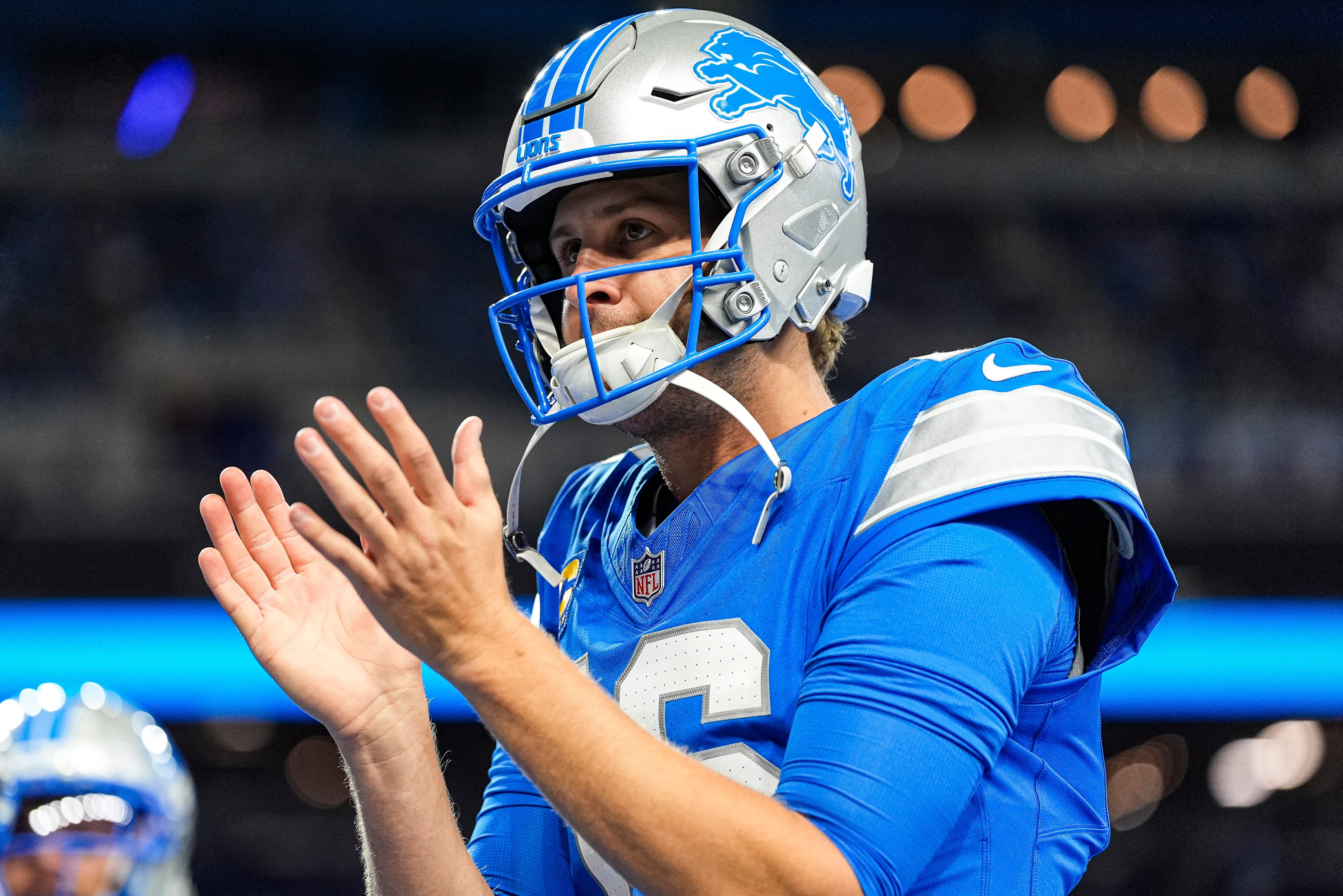 Lions quarterback Jared Goff (16) applauds as we break down our Lions vs. Panthers prediction.