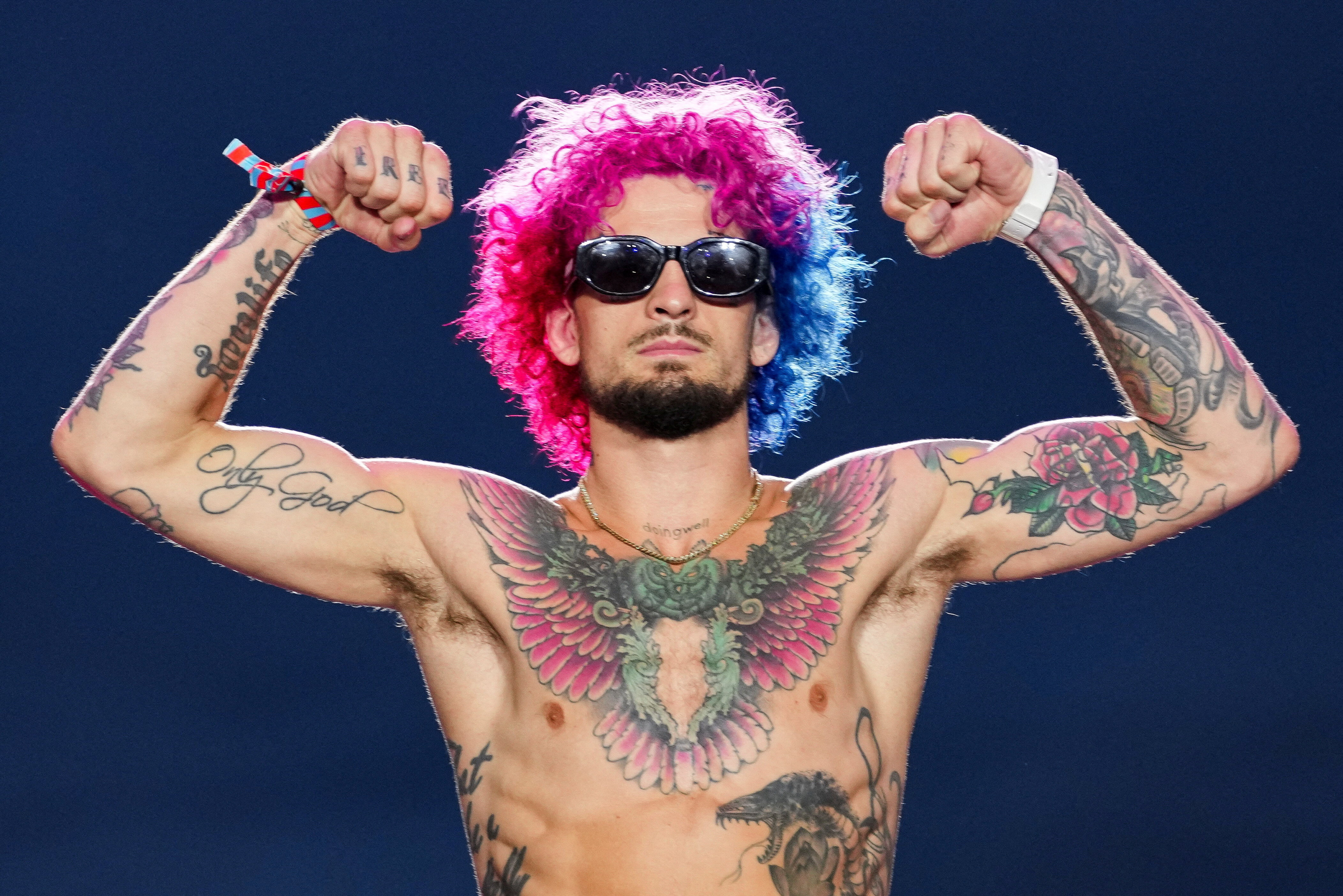 Sean O'Malley gestures during the ceremonial weigh-ins as we look at our best O'Malley vs. Zahabi prediction
