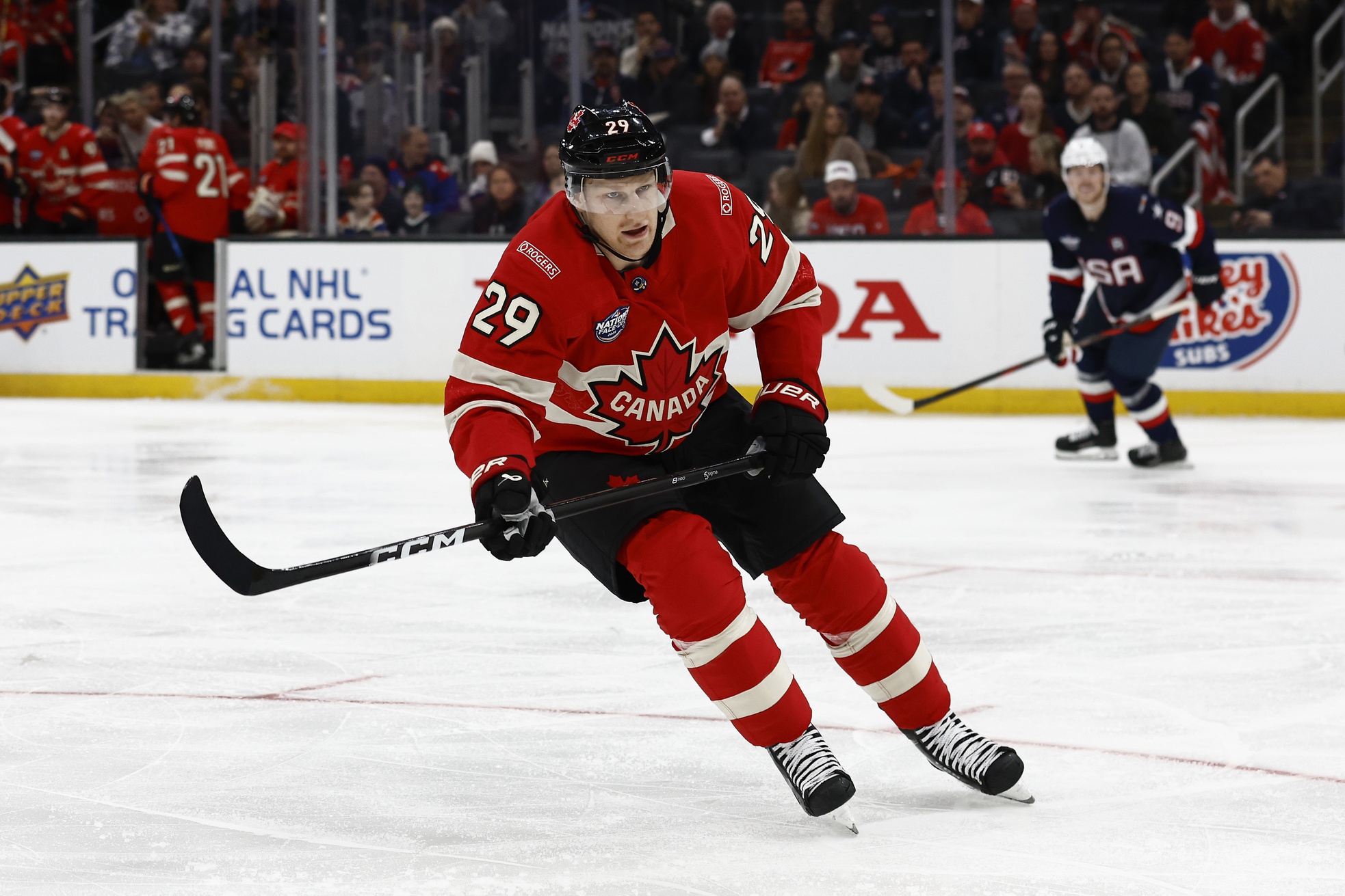 Nathan MacKinnon during the 4 Nations Face-Off as we provide the Olympic Hockey odds, favorites and rosters. 