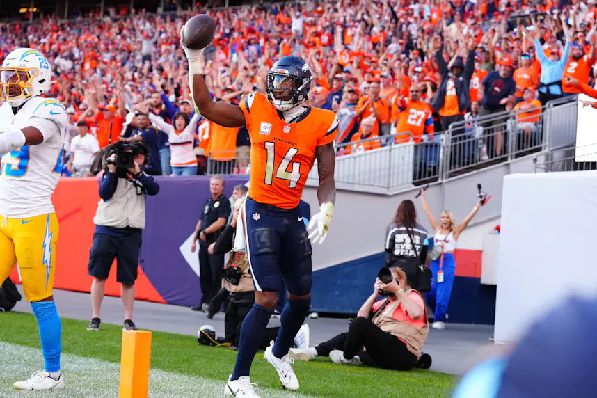Denver Broncos wide receiver Courtland Sutton (14) celebrates his touchdown reception as we look at our anytime touchdown scorer parlay for Sunday.