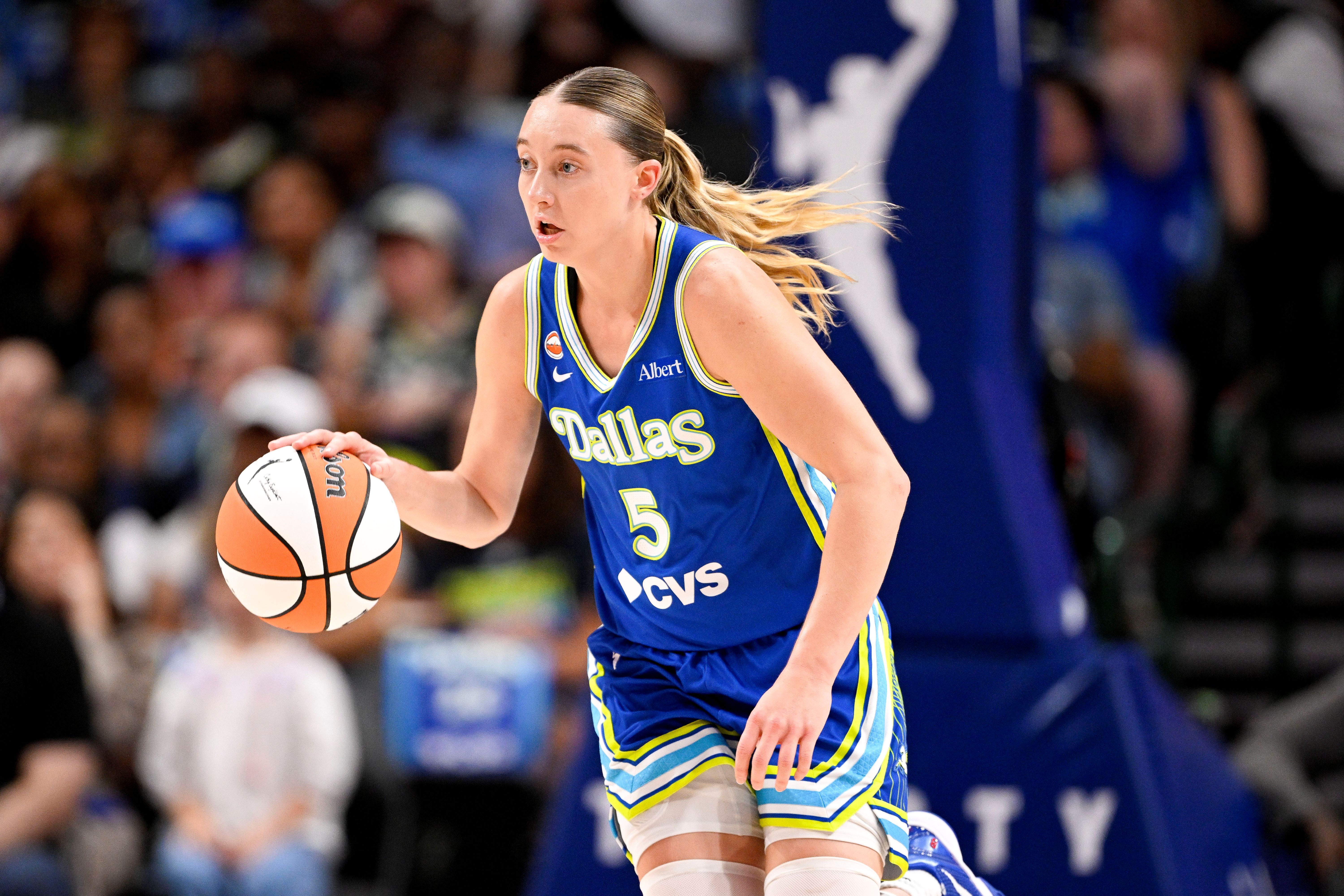 Dallas Wings guard Paige Bueckers (5) controls the ball as we break down our Sparks vs. Wings prediction.