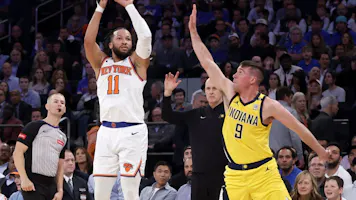 Jalen Brunson of the New York Knicks shoots over T.J. McConnell of the Indiana Pacers during Game 1 of second round of the NBA playoffs. We're backing Brunson in our Pacers vs. Knicks Player Props. 