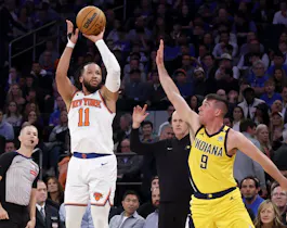Jalen Brunson of the New York Knicks shoots over T.J. McConnell of the Indiana Pacers during Game 1 of second round of the NBA playoffs. We're backing Brunson in our Pacers vs. Knicks Player Props. 