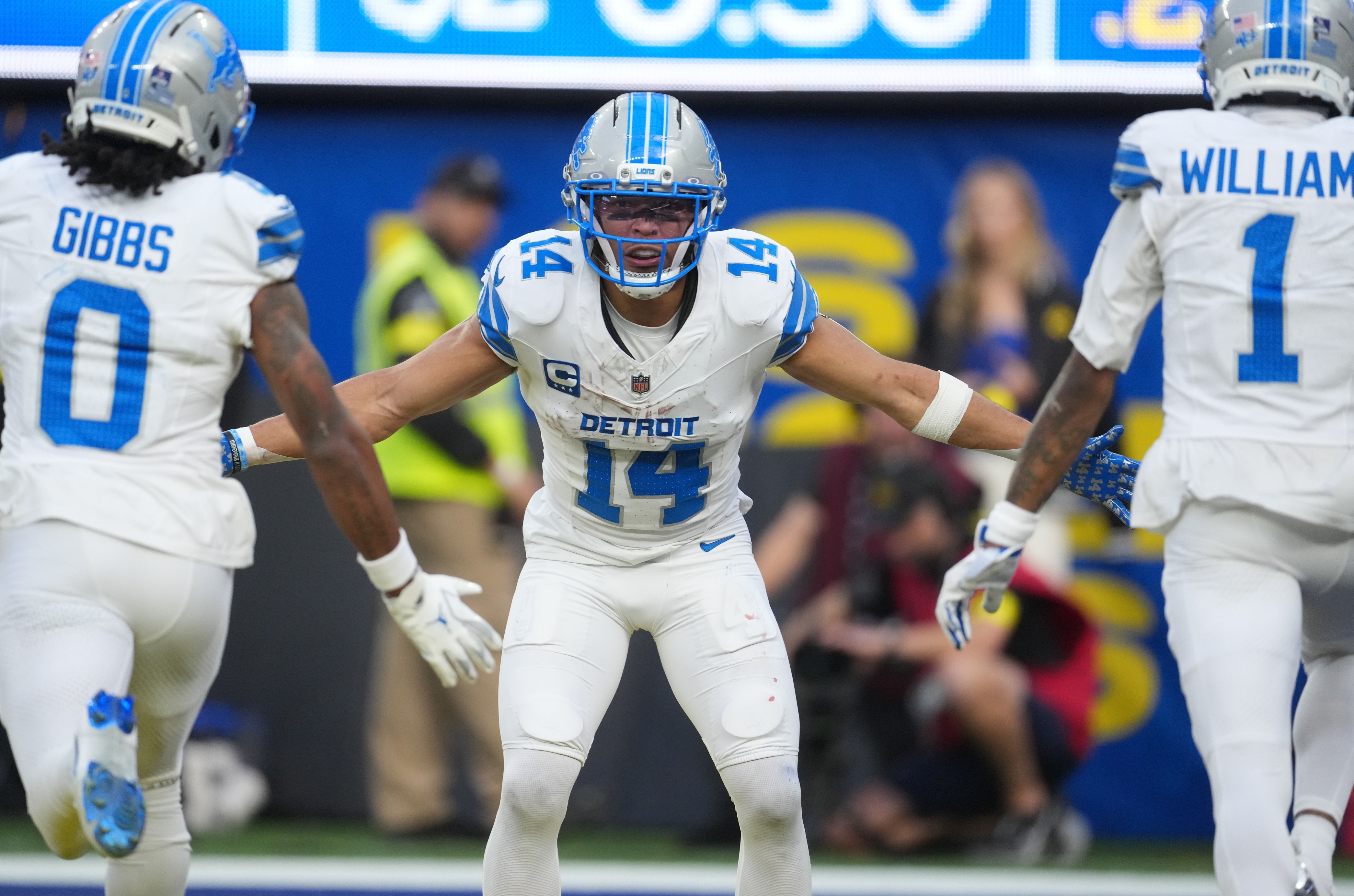 Detroit Lions running back Jahmyr Gibbs, Detroit Lions wide receiver Amon-Ra St. Brown, and Detroit Lions wide receiver Jameson Williams, celebrate after a touchdown as we make our NFL first touchdown scorer predictions for Week 16