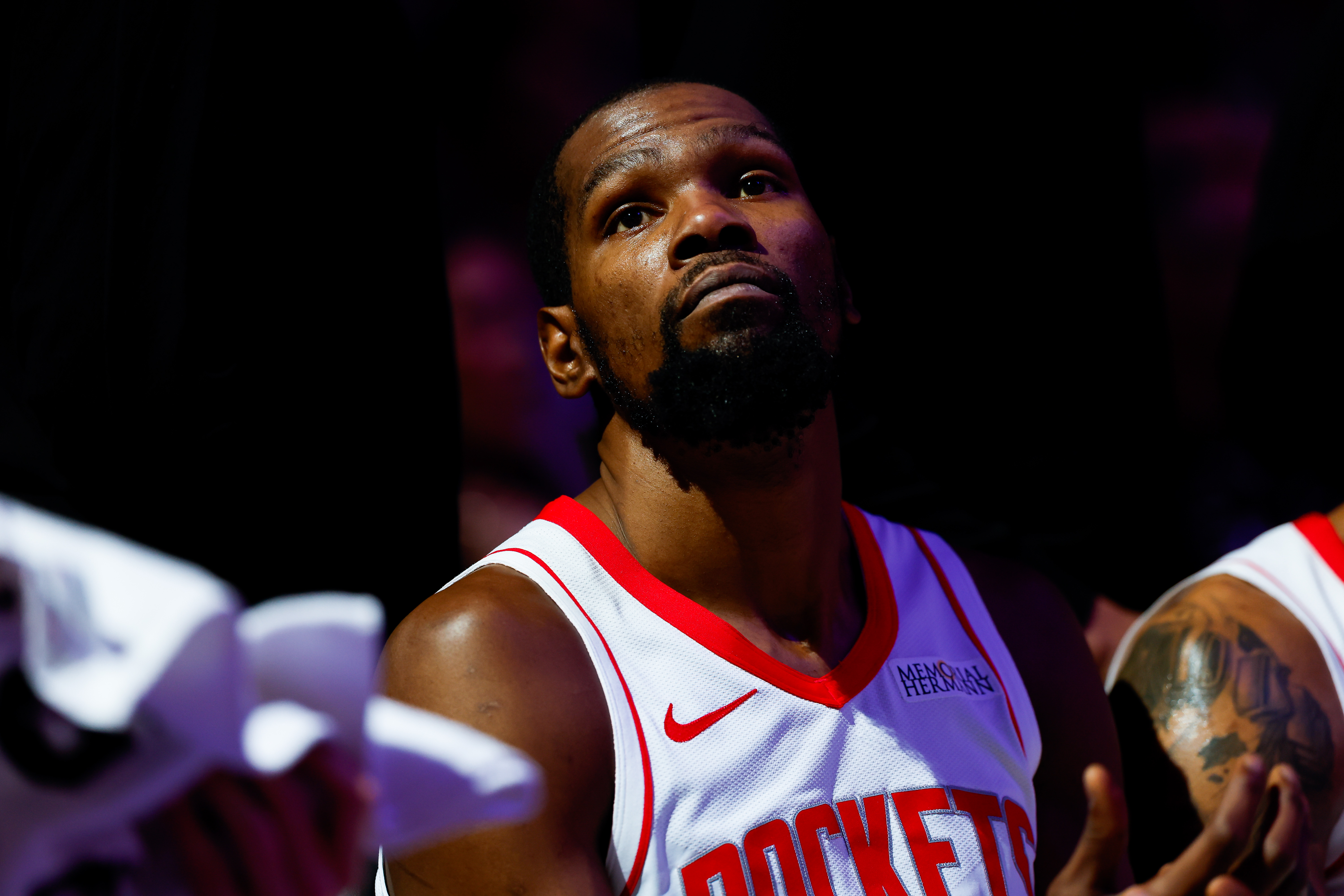 Houston Rockets forward Kevin Durant (7), seen here sitting on the bench, is featured in our NBA player props tonight.