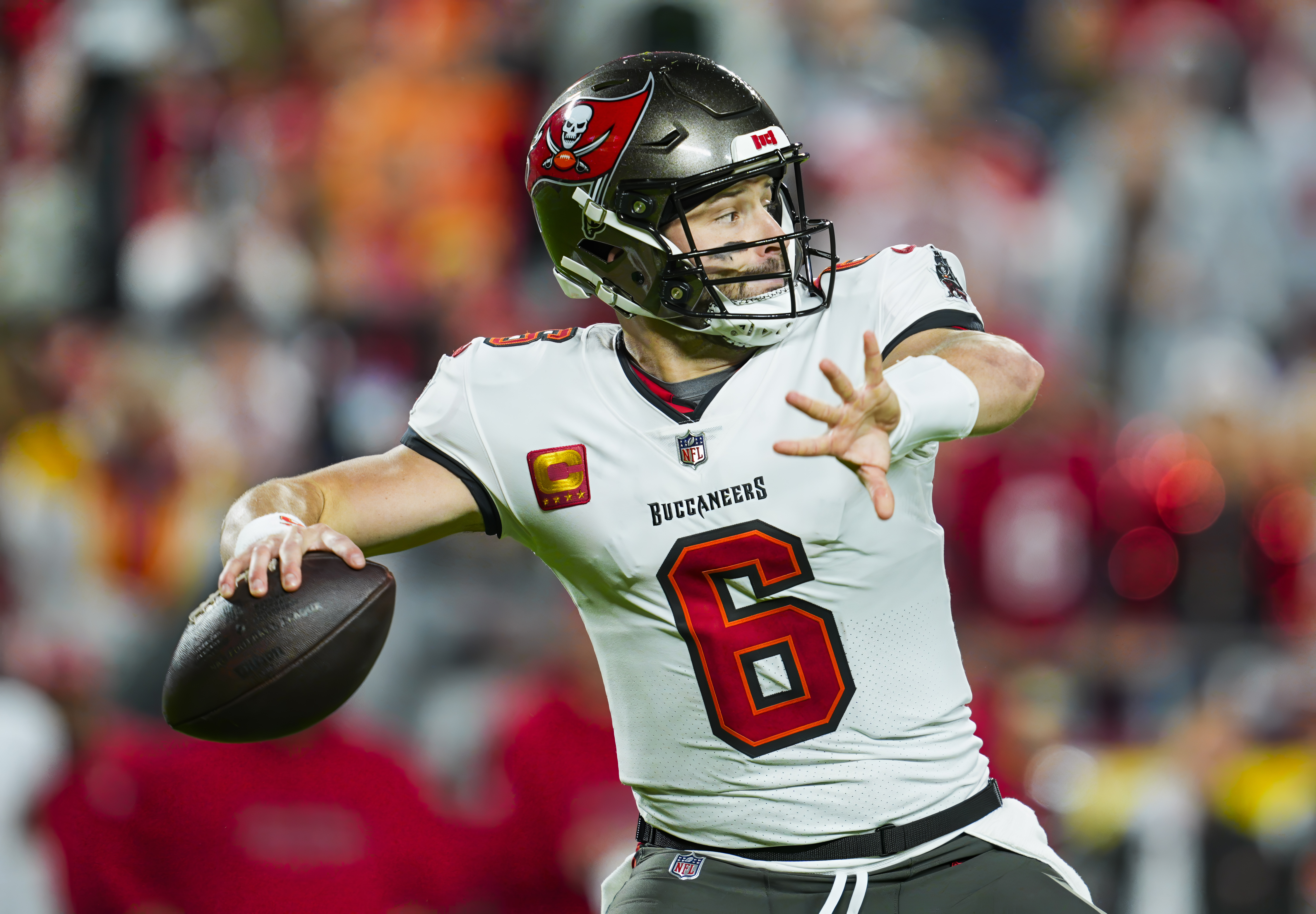 Tampa Bay Buccaneers quarterback Baker Mayfield throws a pass as we break down our Chiefs vs. Buccaneers prediction.