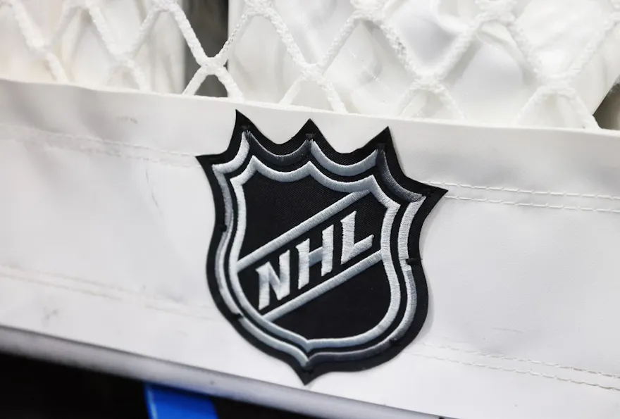 A closeup view of the NHL logo on a hockey net prior to the game between the New York Islanders and the Chicago Blackhawks as we look at the NHL-BetMGM partnership.