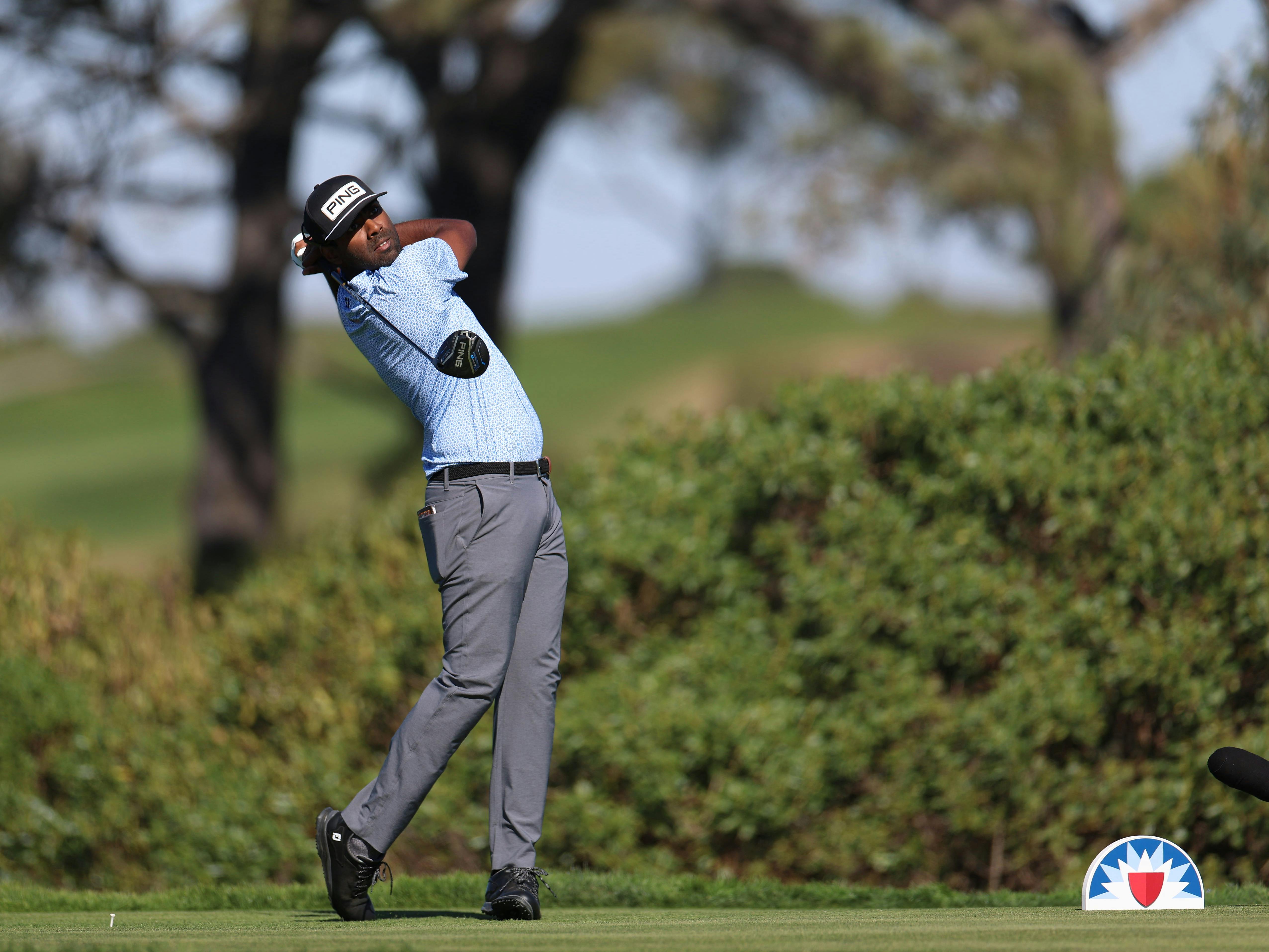 Sahith Theegala plays his shot from the tee box as we look at the Pebble Beach Pro-Am odds.