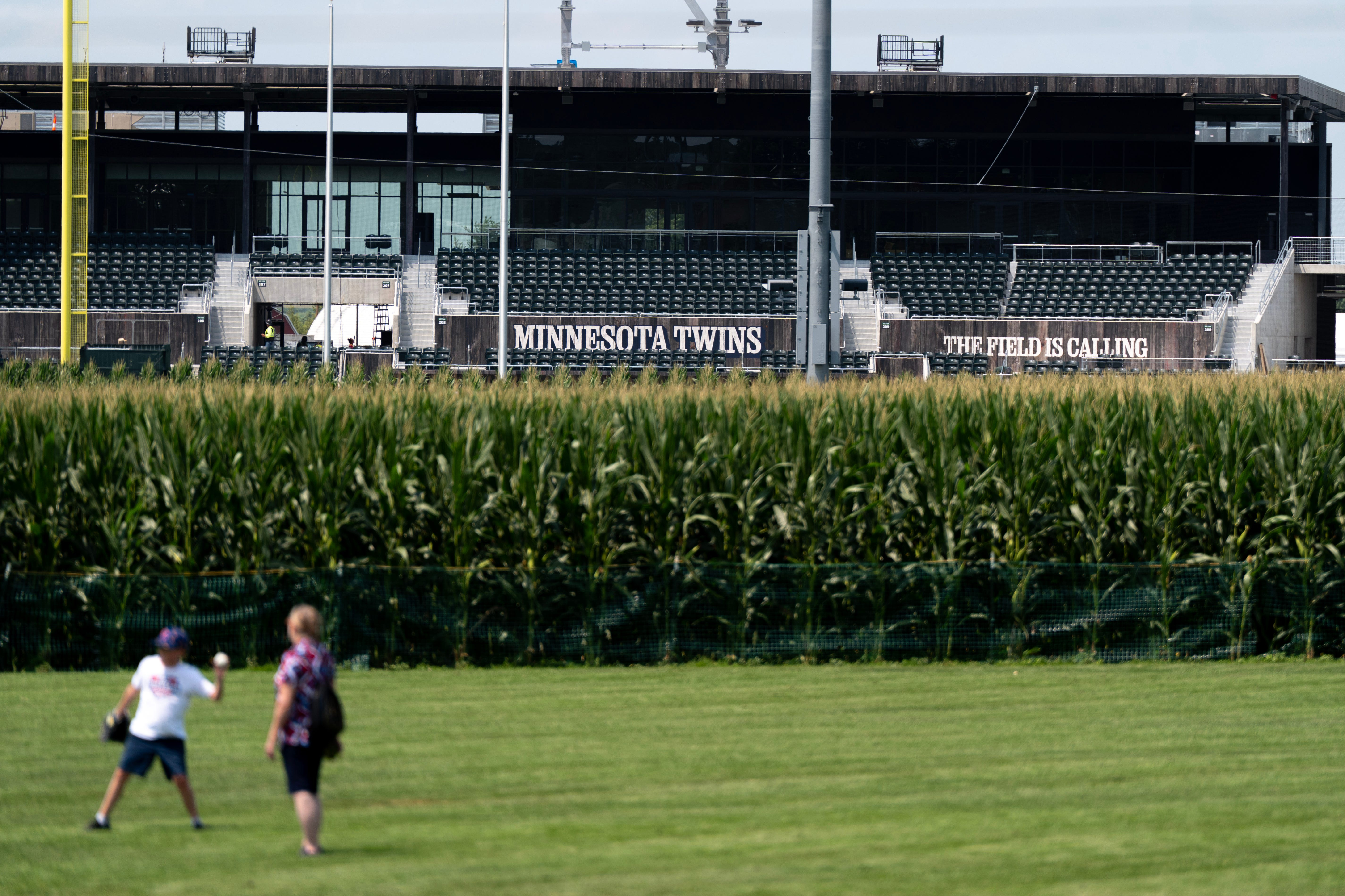 The Minnesota Twins logo is seen at Field of Dreams as we break down our Phillies vs. Twins prediction.