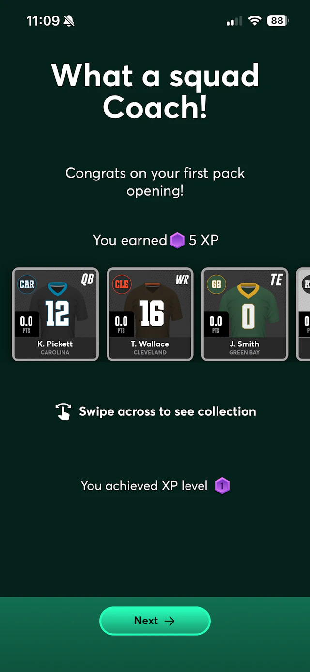 bet365 Fantasy card pack redemption screen with achievement XP.