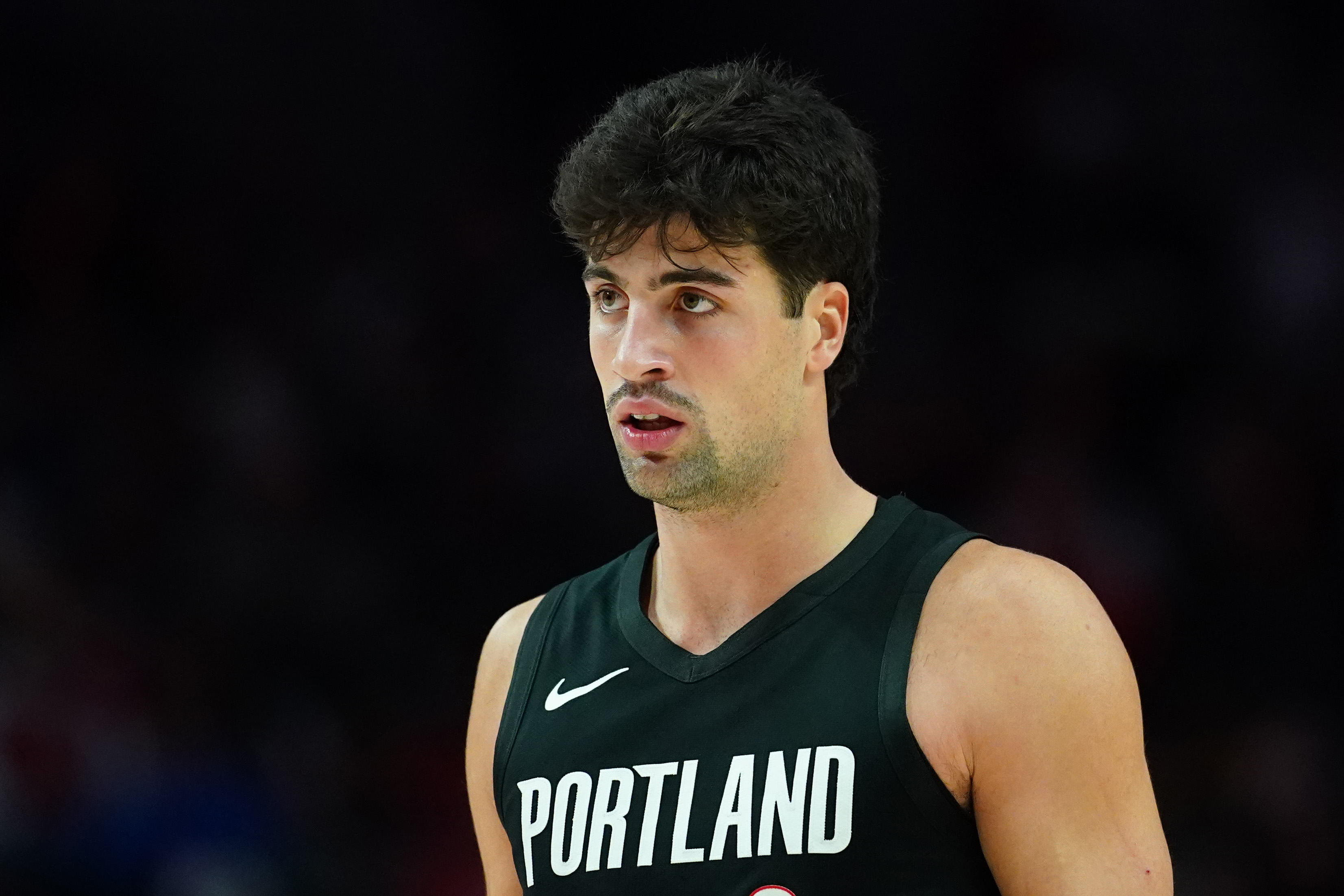 Portland Trail Blazers forward Deni Avdija (8) looks on during a game, and his team is -50000 to qualify in the NBA Play-In Tournament odds 2026.
