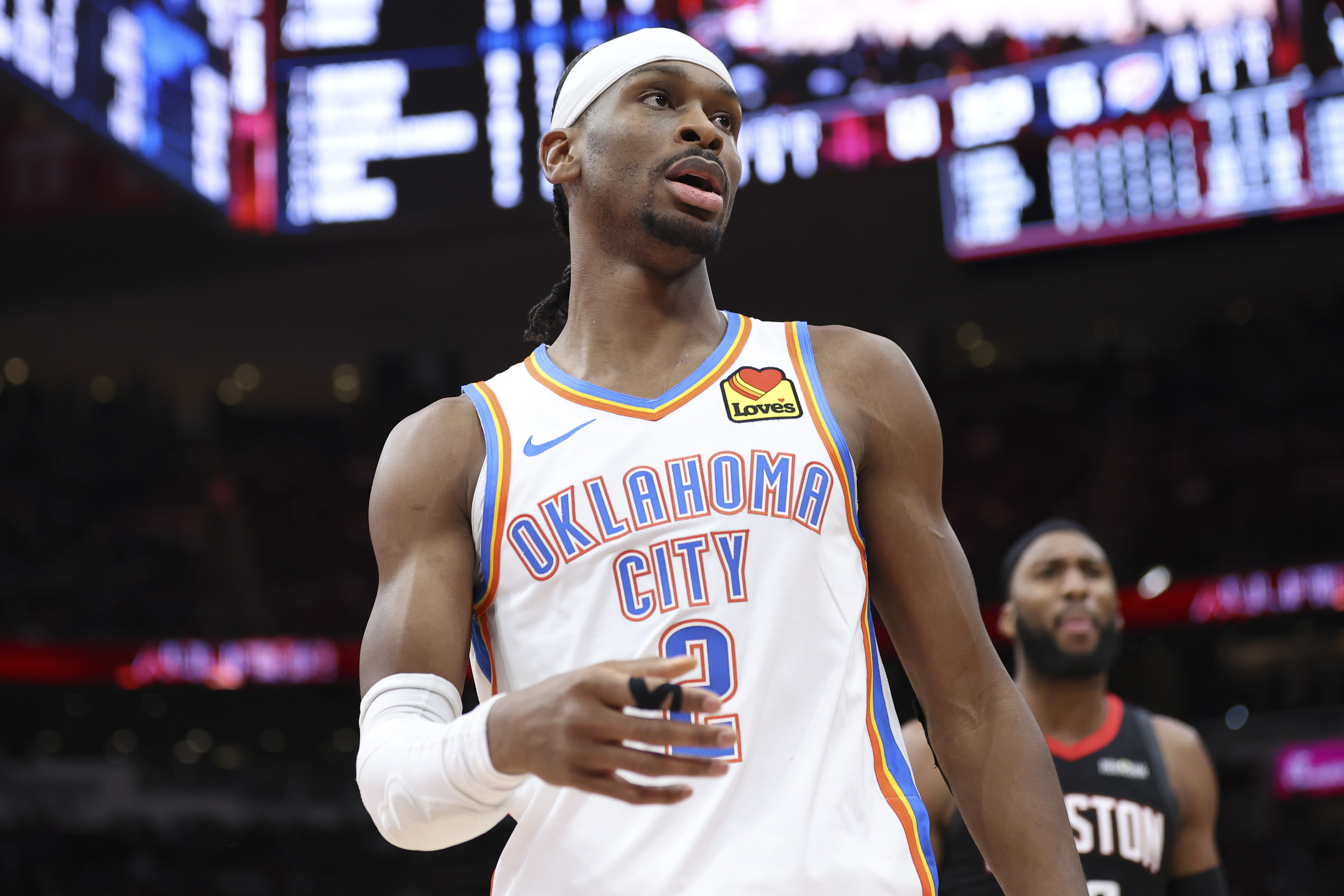 Oklahoma City Thunder guard Shai Gilgeous-Alexander (2) reacts as we break down the NBA MVP odds.