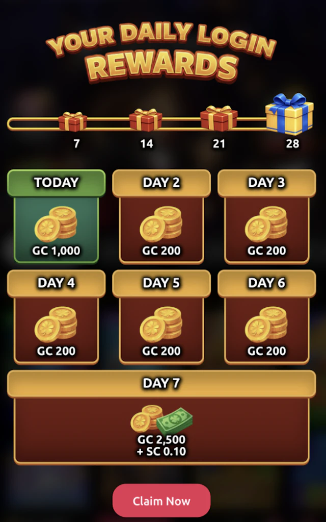 McLuck seven-day daily login reward progression showing the Gold Coin and Sweeps Coin rewards available on days 1 through 7.