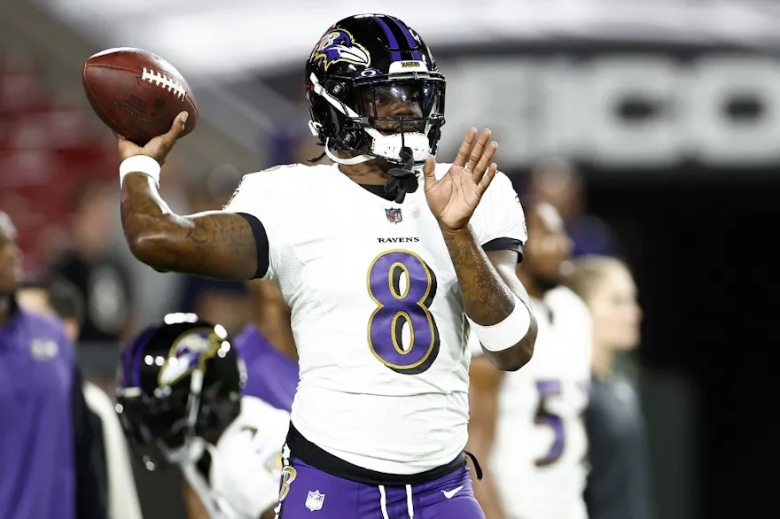 Lamar Jackson of the Baltimore Ravens warms up prior to a game against the Tampa Bay Buccaneers at Raymond James Stadium.
