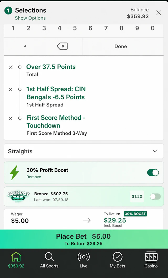 bet365 betslip showing a same-game parlay for Detroit Lions vs. Cincinnati Bengals on Aug. 13, 2026.