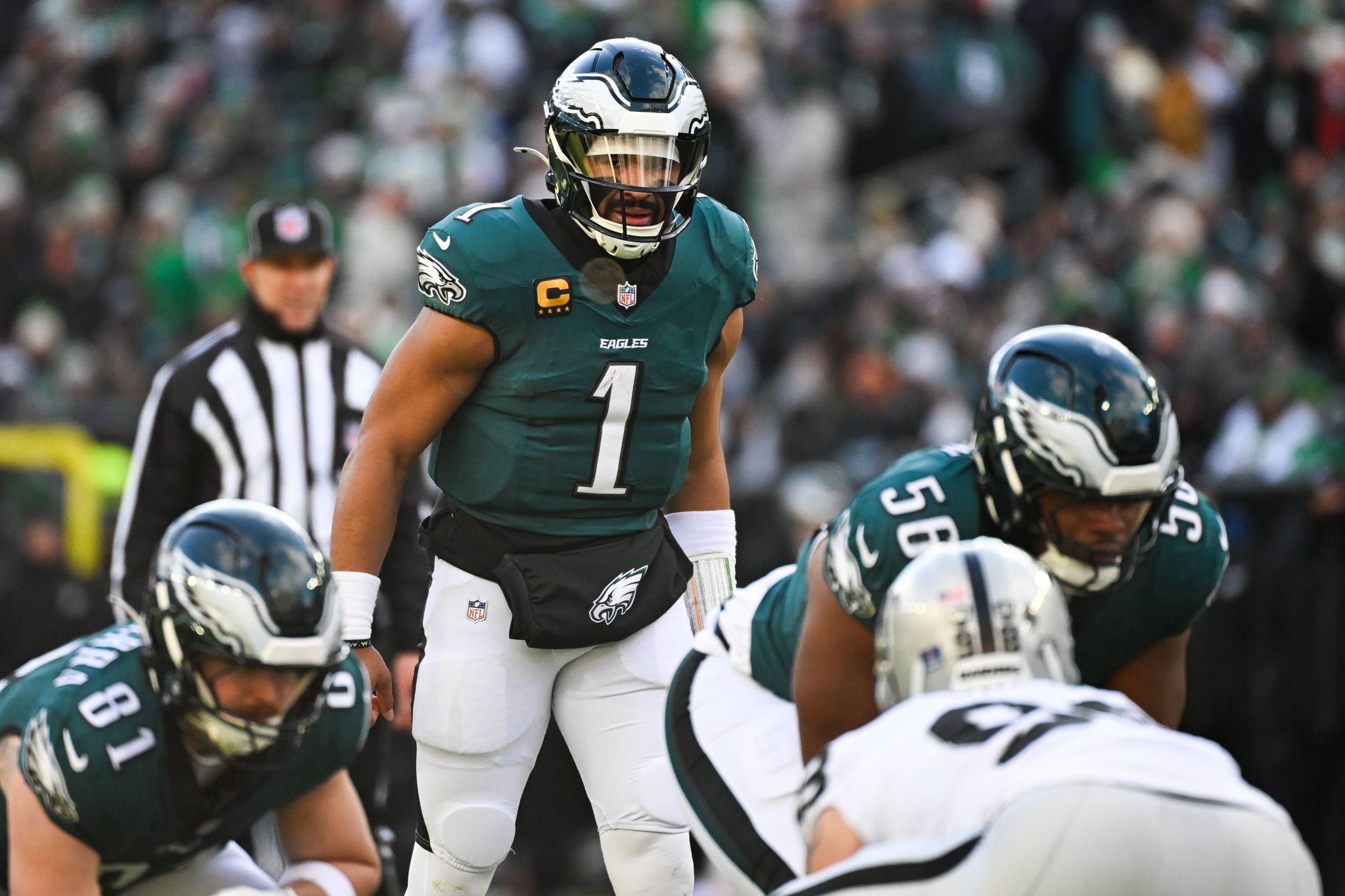 Philadelphia Eagles quarterback Jalen Hurts before a snap, and he's key to our Eagles vs. Commanders same-game parlay