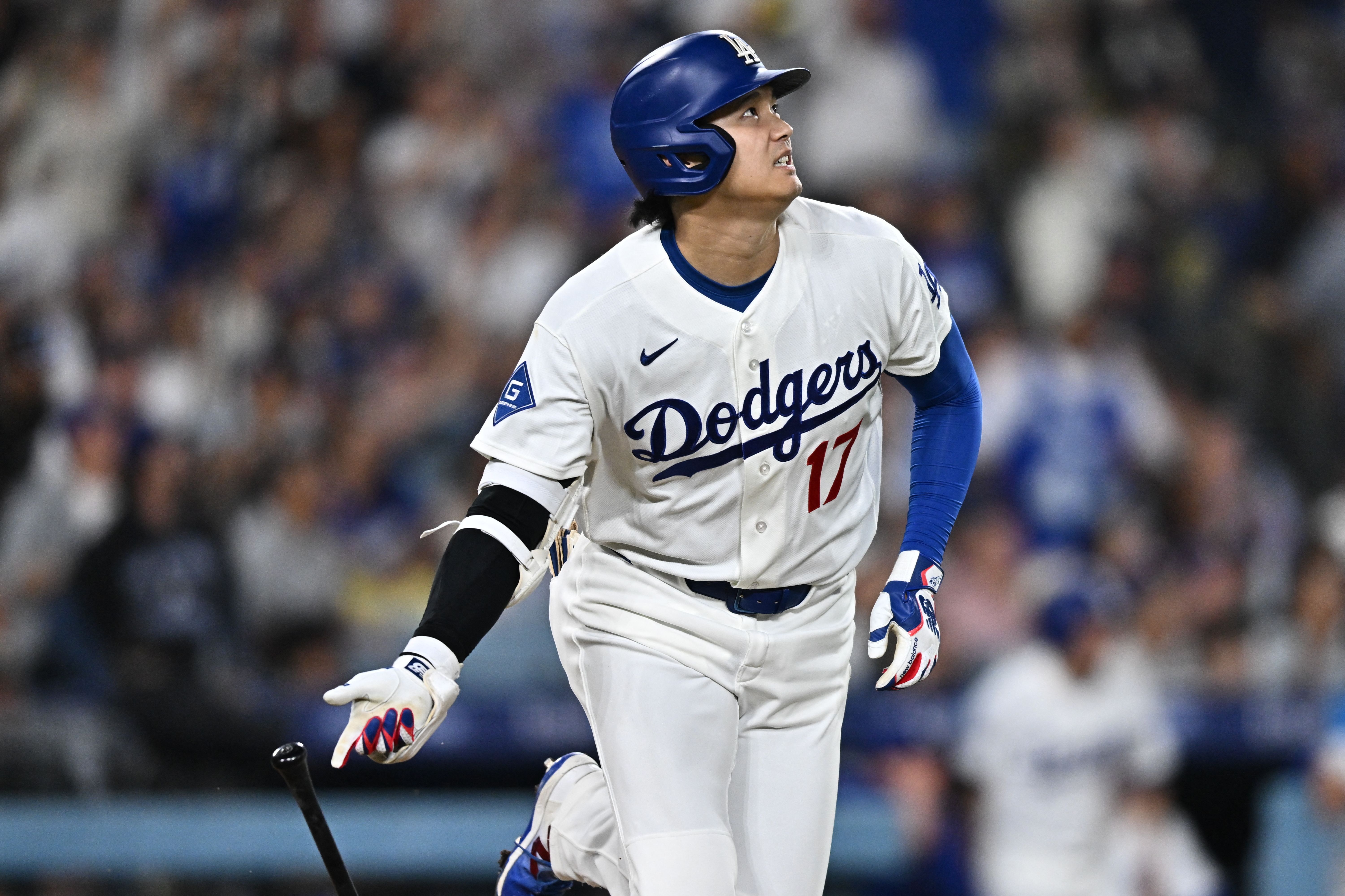 Dodgers pitcher Shohei Ohtani (17) bats as we break down our home run predictions today.