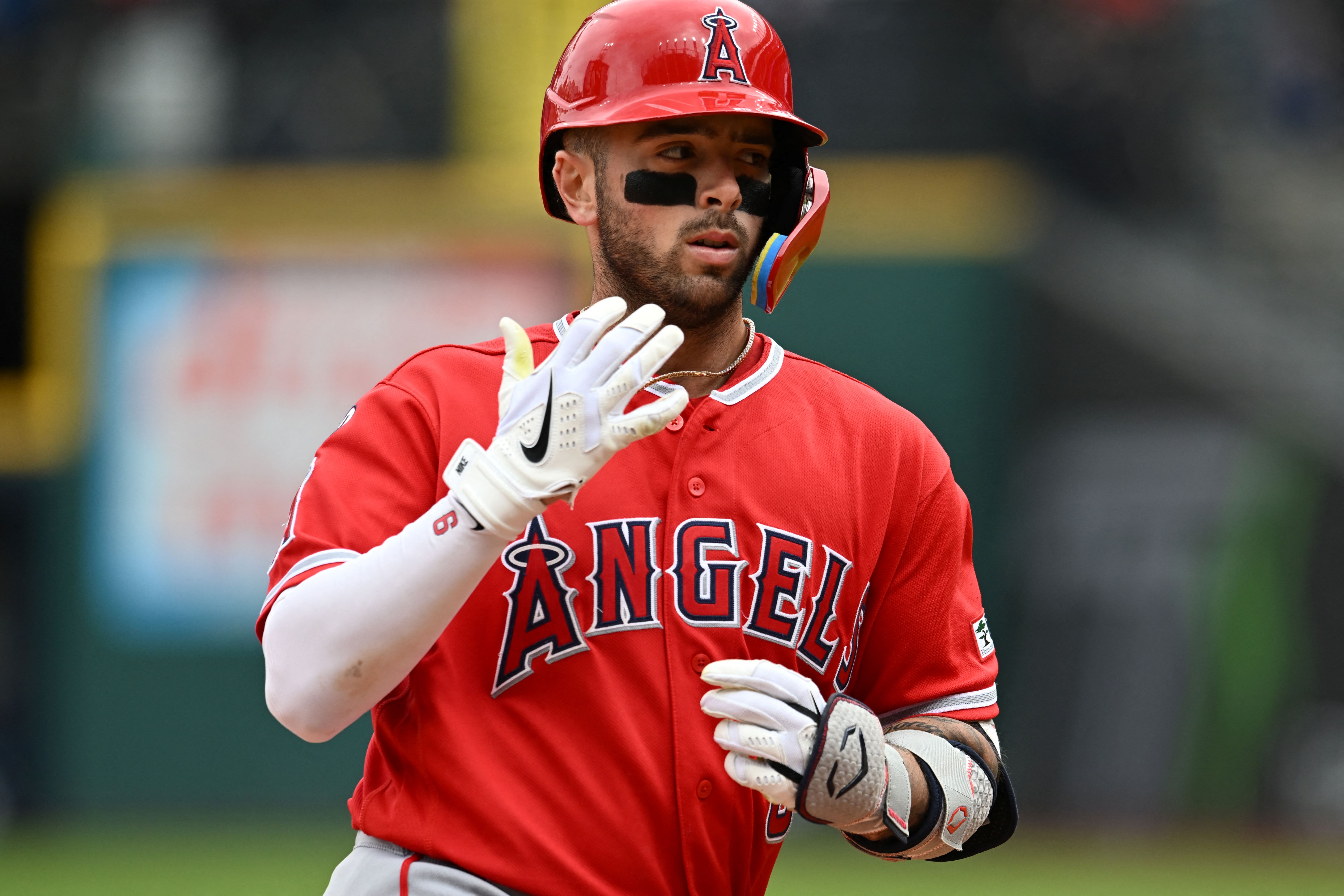 Los Angeles Angels shortstop Zach Neto (9), seen here rounding the bases during a game, is featured in our home run predictions tonight.