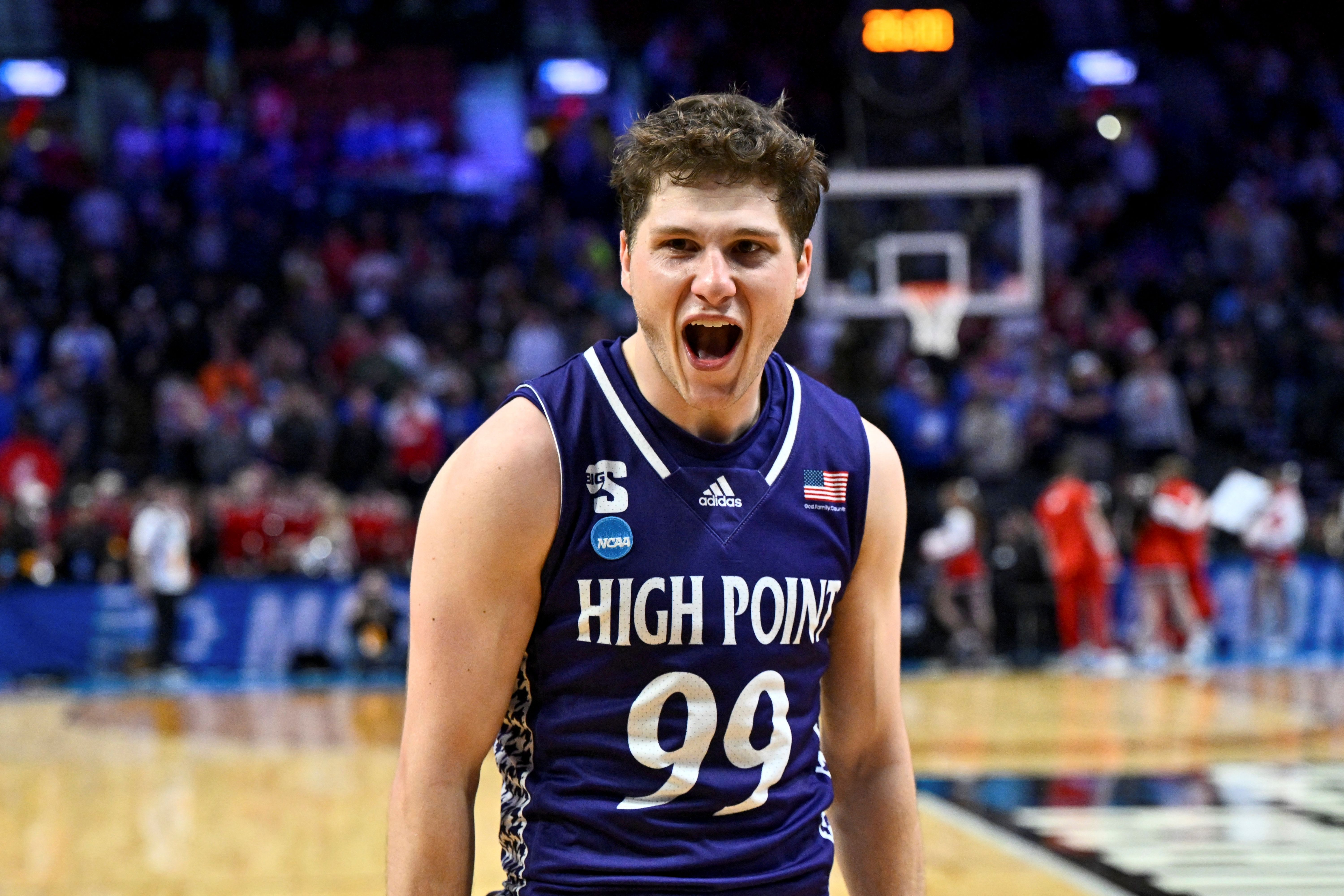 High Point Panthers guard Chase Johnston reacts as we make our best High Points vs. Arkansas prediction.