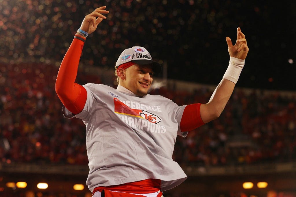 Patrick Mahomes of the Kansas City Chiefs celebrates after defeating the Cincinnati Bengals in the AFC Championship Game and was a focal point of last year