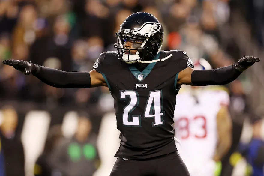 James Bradberry of the Eagles celebrate a defensive play and that's why he's among our top Super Bowl defensive player prop picks.