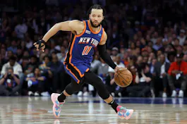 Jalen Brunson of the New York Knicks dribbles during Game 5 of the NBA playoffs against the Indiana Pacers. We're backing Brunson in our Knicks vs. Pacers Player Props.