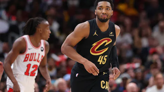 Donovan Mitchell of the Cleveland Cavaliers celebrates a 3-pointer against the Chicago Bulls during the second half at the United Center as we look at our Cavaliers-Magic prediction.