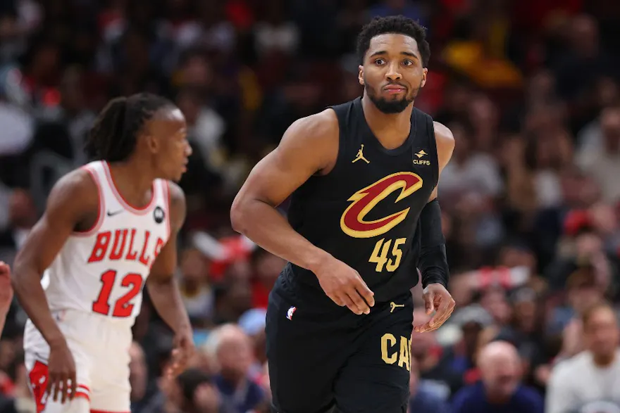 Donovan Mitchell of the Cleveland Cavaliers celebrates a 3-pointer against the Chicago Bulls during the second half at the United Center as we look at our Cavaliers-Magic player props based on the best NBA odds.