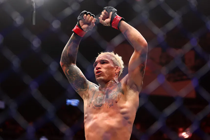 Charles Oliveira reacts after the fight with Arman Tsarukyan as we offer our Charles Oliveira and Michael Chandler prediction for UFC 309.